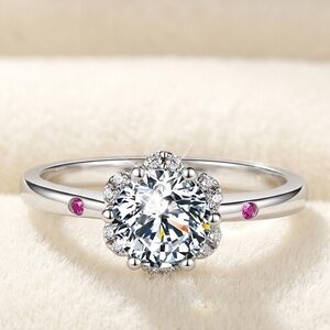 1-2ct D Color Moissanite Floral Halo Prong S925  Silver- Pink Sapphire Accents